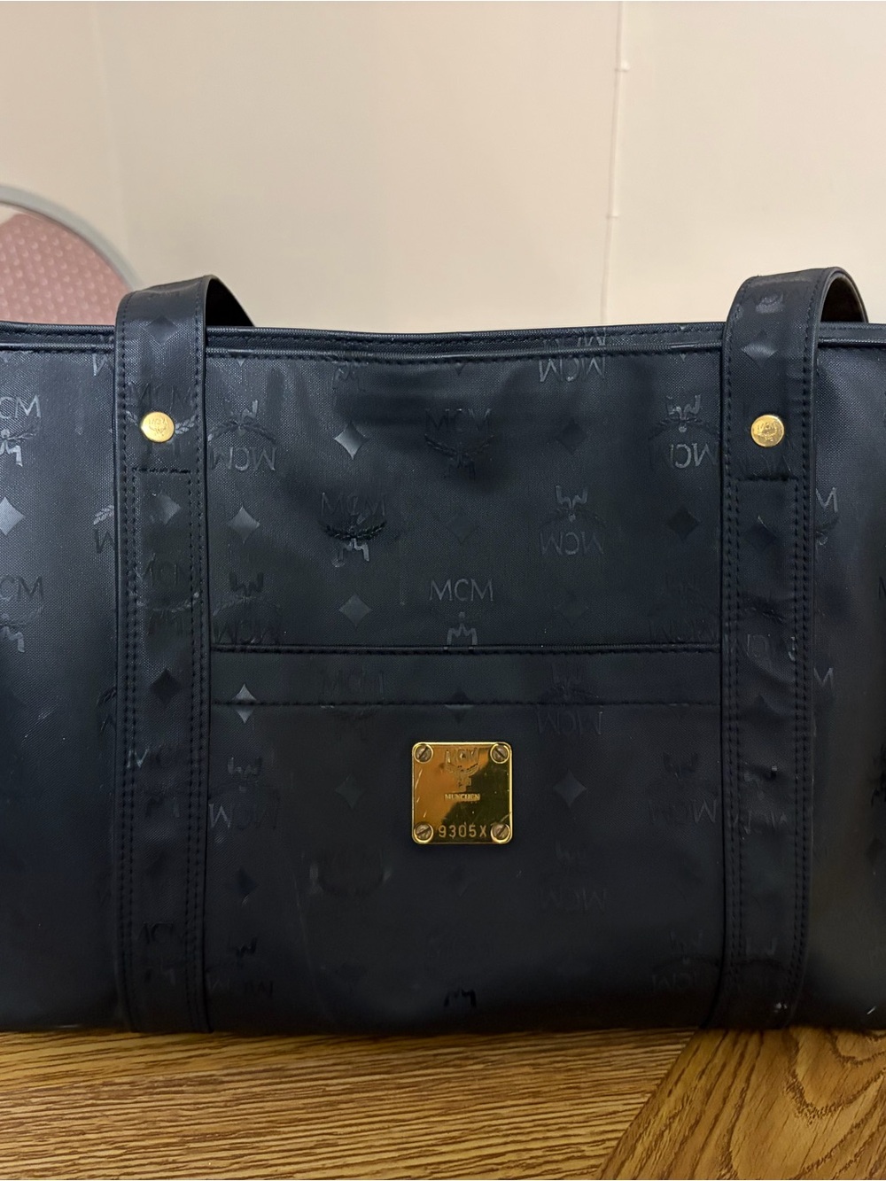 Vintage MCM Black Logo Tote Bag with Gold Plaque